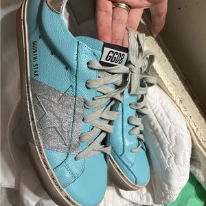 Golden Goose Women's Light Blue and Silver Star Sneakers